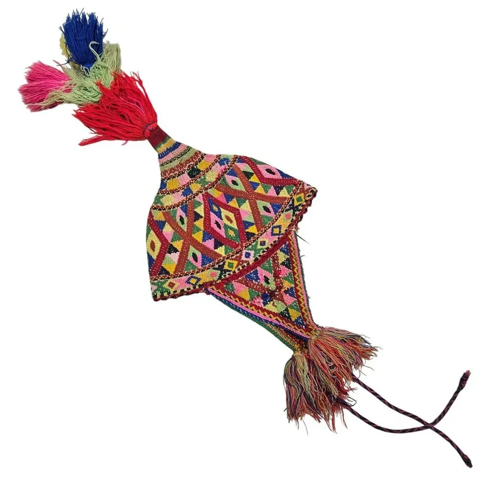 Vintage Hand Knit Tribal Wool Hat Colorful Geometric Patterns Tassels‎ Earflaps
